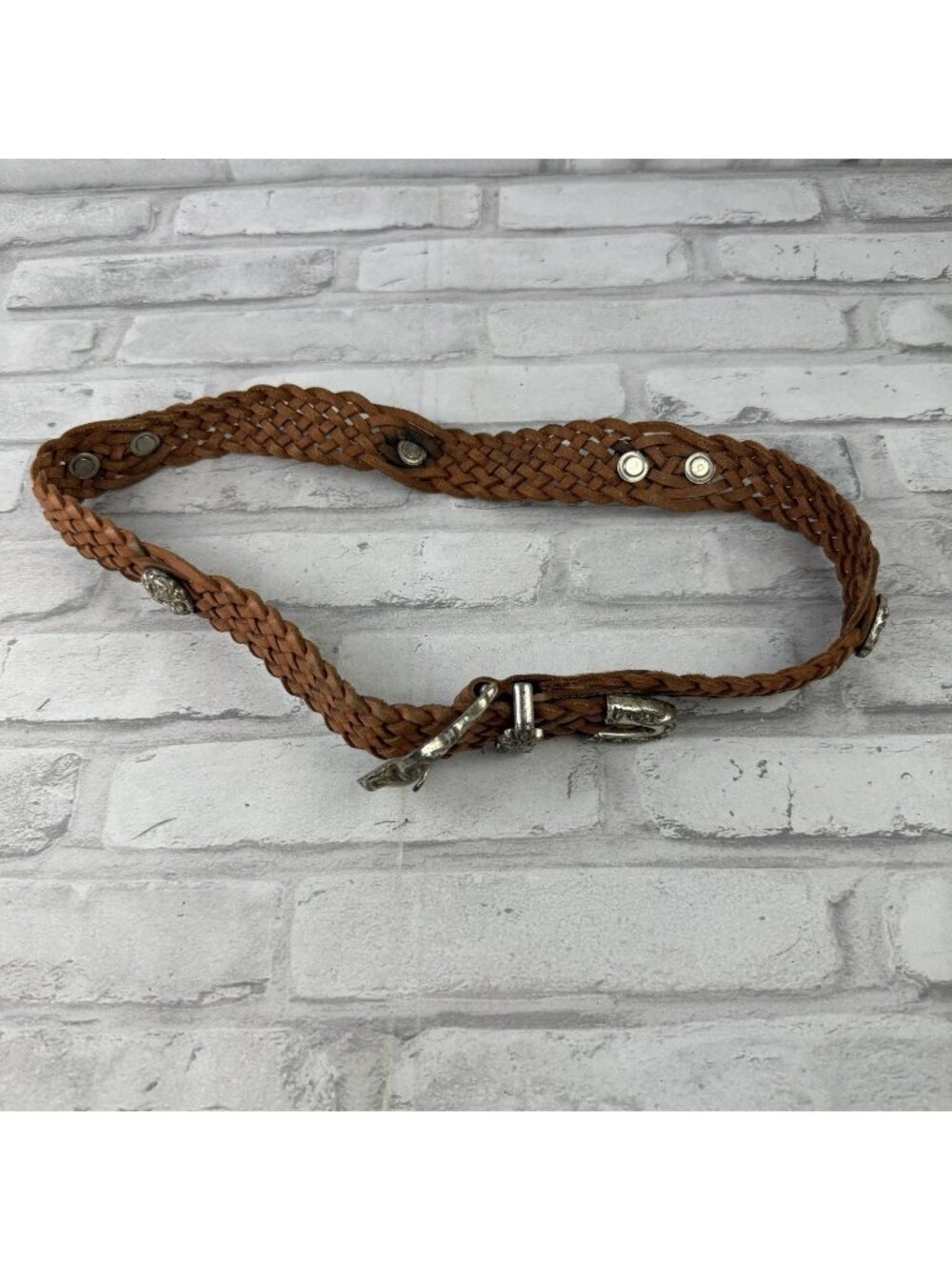 Fossil Women’s Belt BT24410 Braided Brown Leather Silver Accents Size Medium